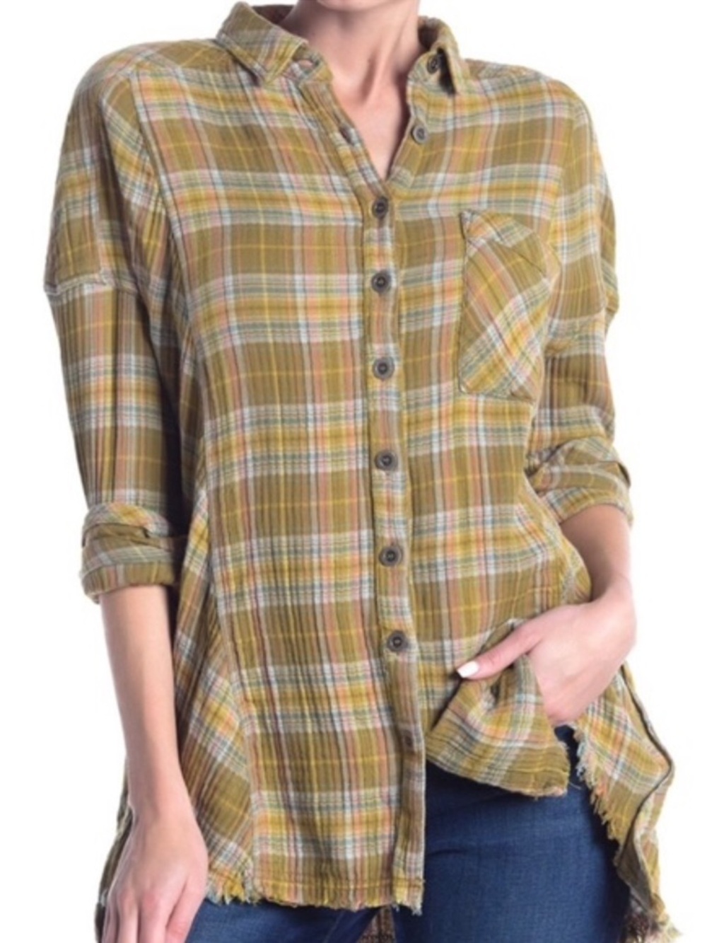 Free People Olive Green Plaid Long Sleeve Shirt